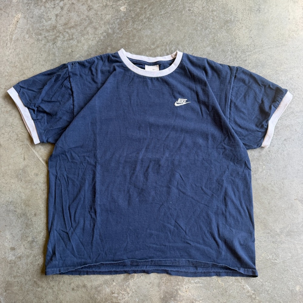 Vintage y2k Nike Ringer Shirt Navy Blue Gray Swoosh Streetwear Faded Mens Large